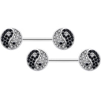 14G 9/16 Clear Black Gem Yin Yang Barbell Nipple Ring Set