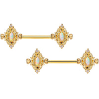 14G 9/16 White Synthetic Opal Gold Tone Barbell Nipple Ring Set