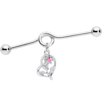 14G Pink Gem Blossoming Heart Flower Dangle Project Bar 38mm
