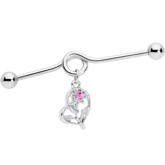 14G Pink Gem Blossoming Heart Flower Dangle Project Bar 38mm