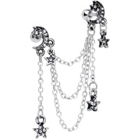 16G 1/4 Clear Gem Moon Star Triple Dangle Cartilage Chain Earring
