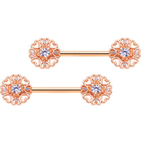 14G 9/16 Clear CZ Gem Rose Gold Hue Heart Barbell Nipple Ring Set