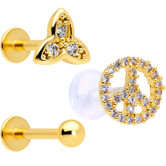 16G 5/16 Clear CZ Gem Gold Tone Peace Labret Tragus Set of 3