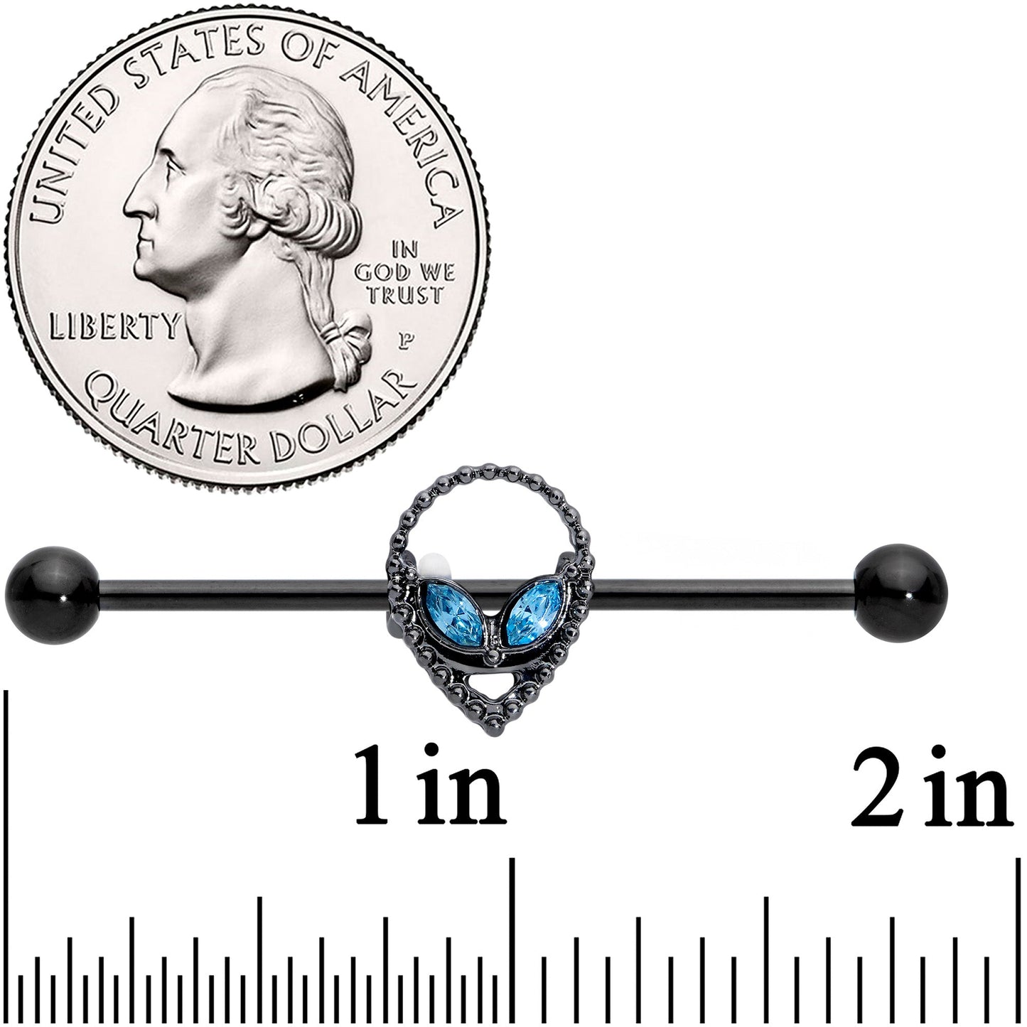 14G Blue Gem Black Hollow Alien Industrial Barbell 38mm