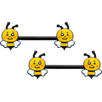 14G 9/16 Black Yellow Winking Bee Barbell Nipple Ring Set