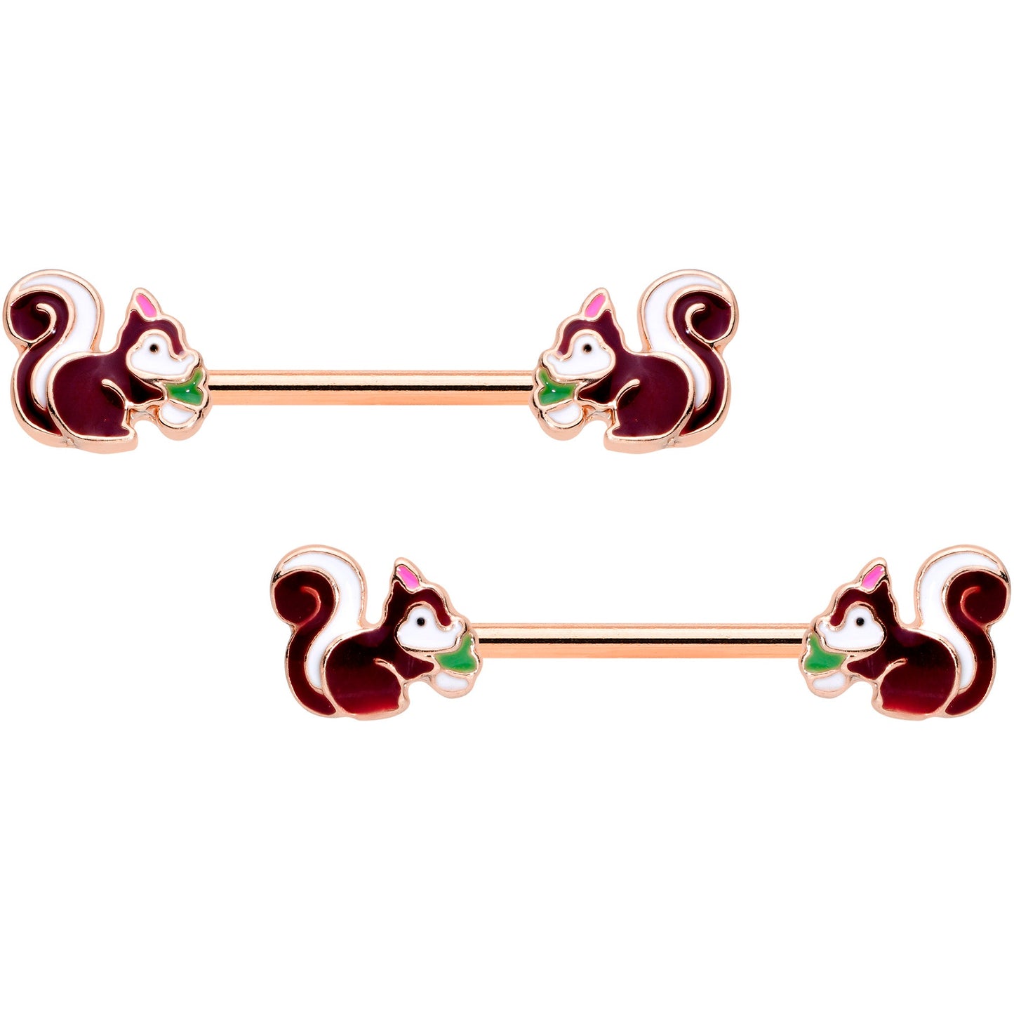 14G 9/16 Rose Gold Tone Snacking Squirrel Barbell Nipple Ring Set
