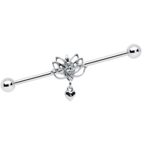 14G Clear Gem Lotus Flower Heart Dangle Industrial Barbell 38mm