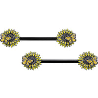 14G 5/8 Black Sunflower Butterfly Barbell Nipple Ring Set