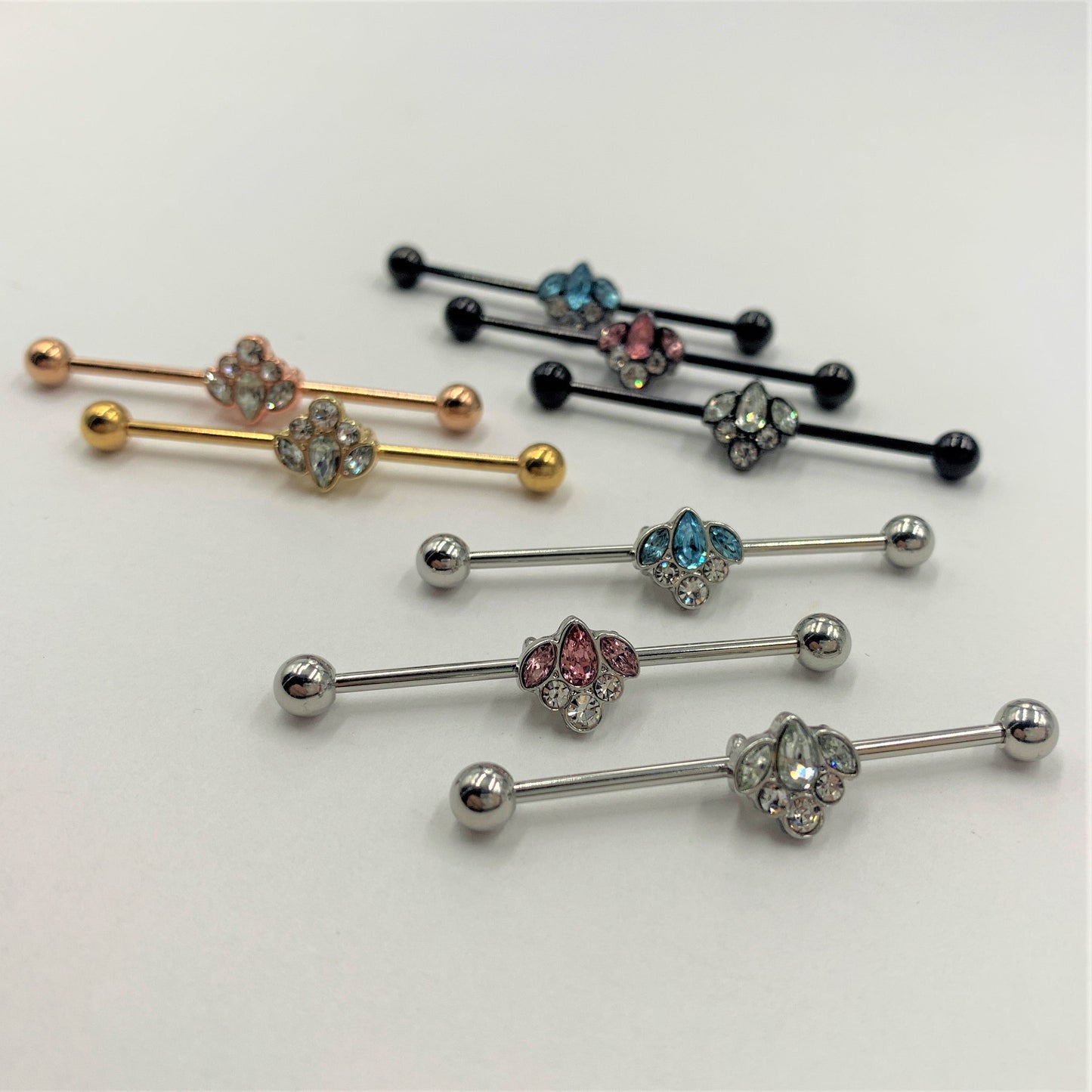 14G Pink Clear Gem Classic Cluster Industrial Barbell 38mm