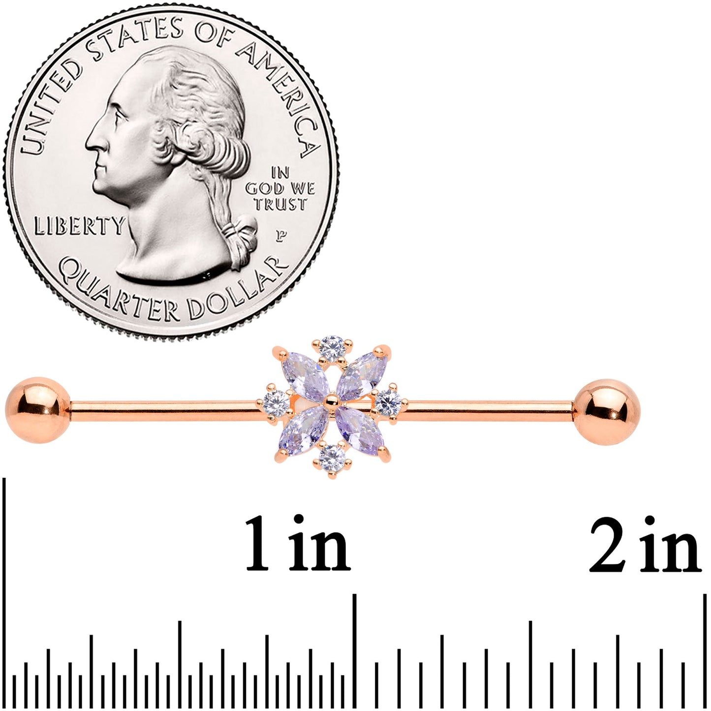 14G Purple CZ Gem Rose Gold Tone Star Burst Industrial Barbell 38mm