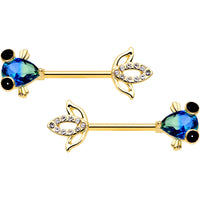 14G 9/16 Aqua Gem Gold Tone Fish Barbell Nipple Ring Set