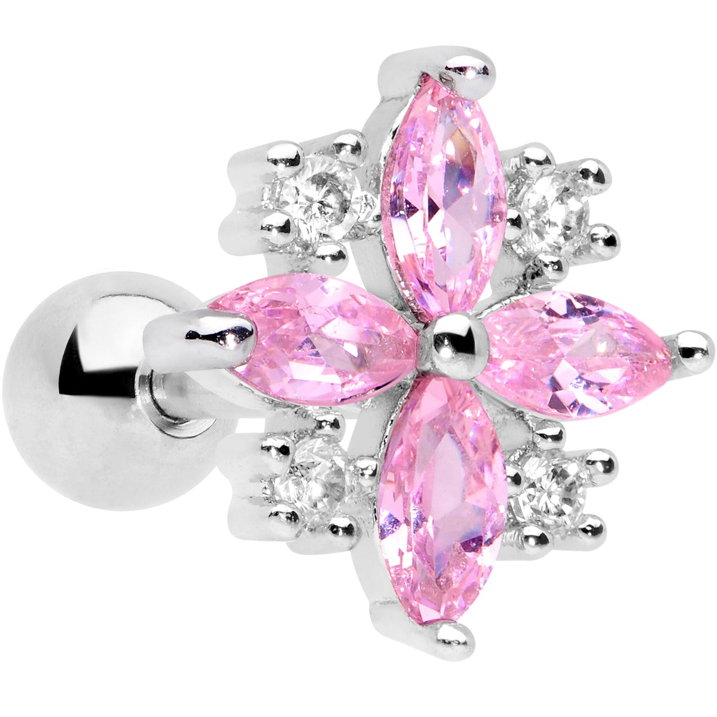 16G 1/4 Clear Pink CZ Gem Star Burst Cartilage Tragus