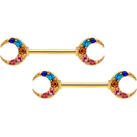 14G 9/16 Rainbow Gem Gold Tone Moon Barbell Nipple Ring Set