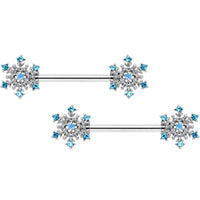 14G 9/16 Aqua Gem Snowflake Christmas Barbell Nipple Ring Set