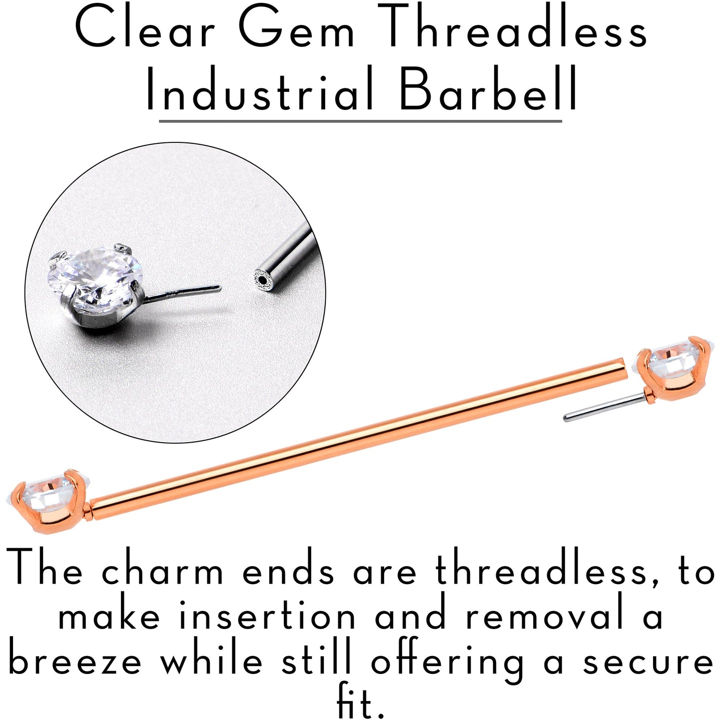 14G Clear CZ Gem Rose Gold Tone Threadless Industrial Barbell 38mm