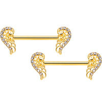 14G 9/16 Clear Gem Gold Tone Angels Wings Barbell Nipple Ring Set