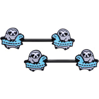14G 9/16 Black Swimming Sloth Barbell Nipple Ring Set