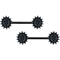 14G 5/8 Black Gem Black Oval Sunburst Barbell Nipple Ring Set