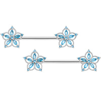 14G 9/16 Aqua CZ Gem Airy Flower Nipple Ring Set
