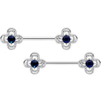 14G 9/16 Blue Gem Stylized Deco Cross Barbell Nipple Ring Set