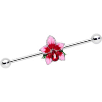 14G Red Gem Exotic Flower Industrial Barbell 38mm