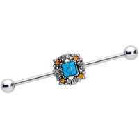 14G Yellow Gem Blue Faux Turquoise Square Industrial Barbell 38mm
