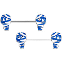 14G 9/16 Blue White Mummy Halloween Barbell Nipple Ring Set