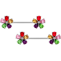14G 9/16 Rainbow Gem Fabulous Flowers Barbell Nipple Ring Set