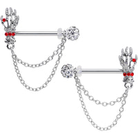 14G 9/16 Red Gem Skeleton Hands Halloween Dangle Nipple Ring Set