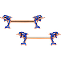 14G 9/16 Blue Gem Rose Gold Tone Dolphin Barbell Nipple Ring Set