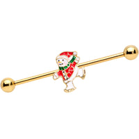 14G Gold Tone Skating Snowman Christmas Industrial Barbell 38mm