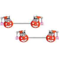 14G 9/16 Pink Gem Kitty Pumpkin Halloween Nipple Ring Set