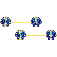 14G 9/16 Gold Tone Blue Shells Barbell Nipple Ring Set