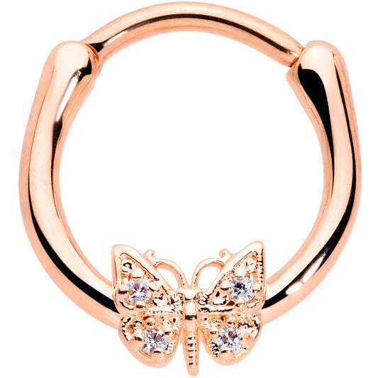 16G 3/8 Clear Gem Rose Gold Hue Butterfly Cartilage Clicker