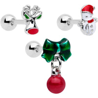 16G 1/4 Reindeer Snowman Christmas Dangle Cartilage Tragus Set of 3