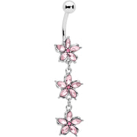 Pink Gem Flower Trio Dangle Belly Ring