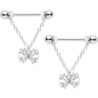 14G 11/16 Clear CZ Gem Beauty Bow Chain Dangle Nipple Ring Set