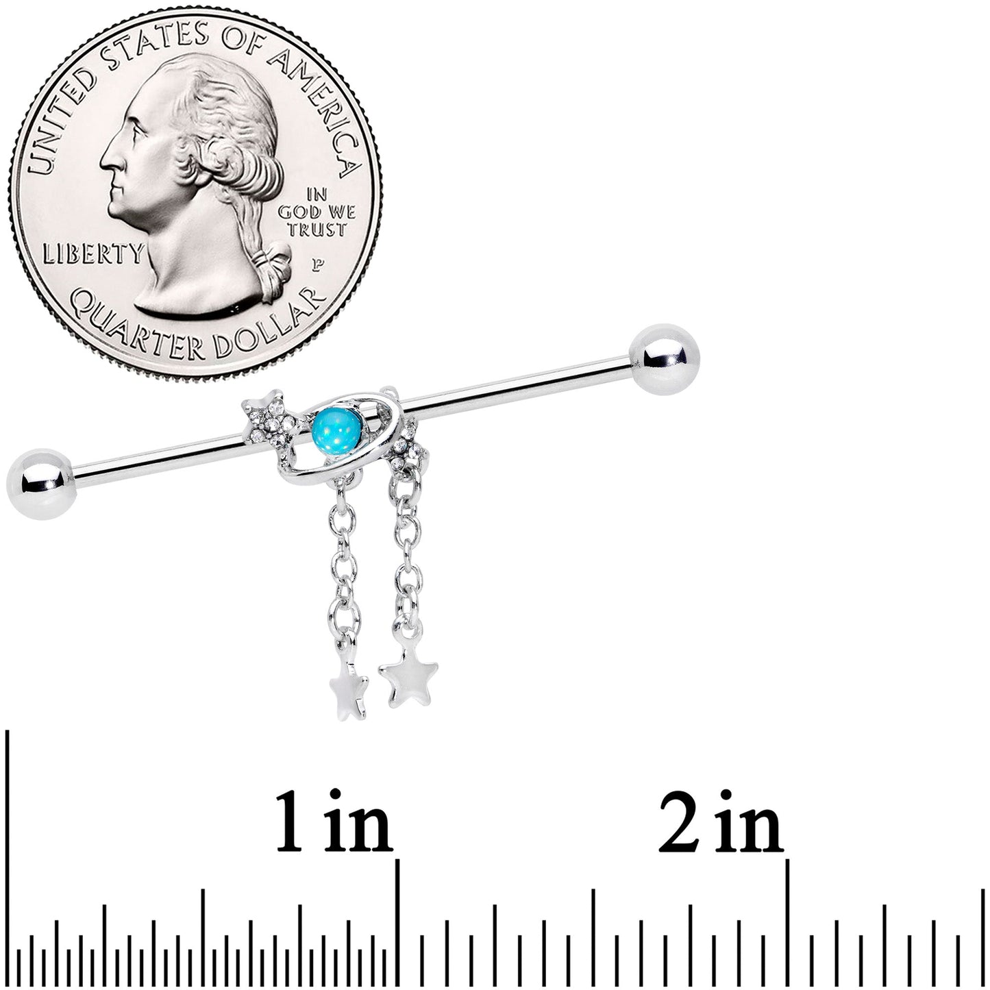 14G Clear Aqua Gem Saturn Stars Dangle Industrial Barbell 38mm