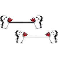 14G 5/8 Red Gem Penguin Heart Valentine Barbell Nipple Ring Set