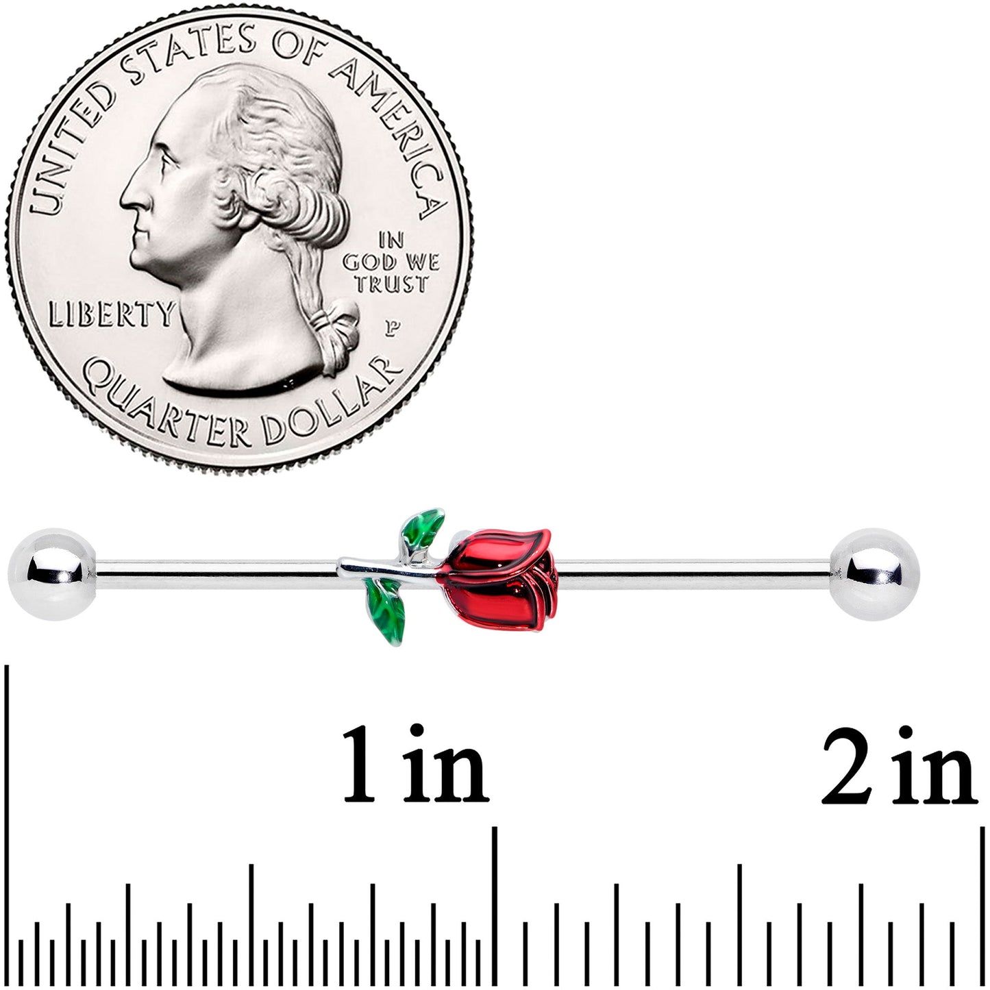 14G Red Rose Flower Valentines Day Industrial Barbell 38mm