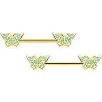 14G 9/16 Gold Tone Green Inlay Butterfly Barbell Nipple Ring Set