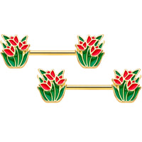 14G 9/16 Gold Tone Red Tulip Flowers Barbell Nipple Ring Set