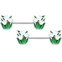 14G 9/16 White Spring Tulip Flowers Barbell Nipple Ring Set