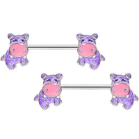 14G 9/16 Happy Purple Hippo Barbell Nipple Ring Set
