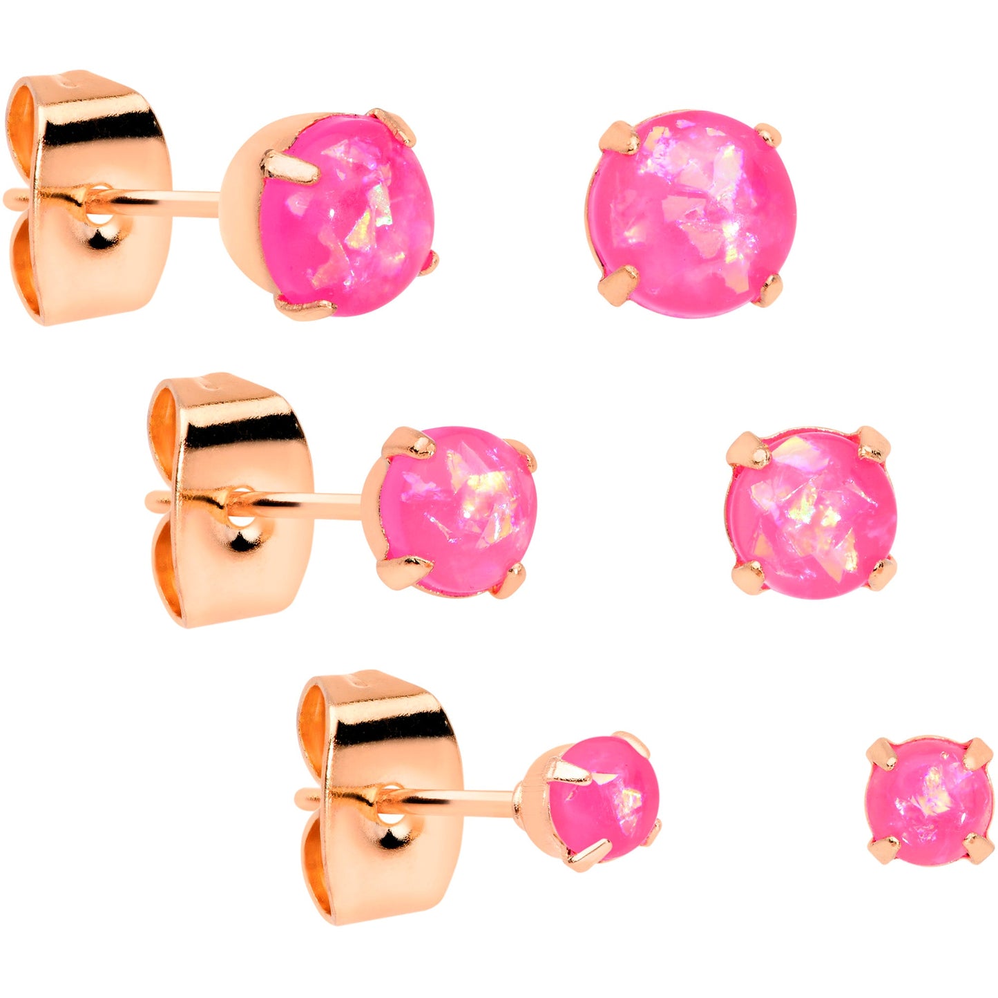 20G Pink Faux Opal Rose Gold Tone 3mm 5mm Stud Earrings Set of 3