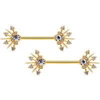 14G 5/8 Clear CZ Gem Gold Hue Elegant Crest Barbell Nipple Ring Set