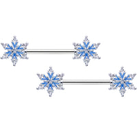 14G 9/16 Clear CZ Gem Blue Snowflake Barbell Nipple Ring Set