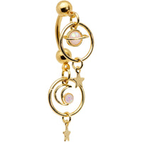 White Synthetic Opal Gold Tone Saturn Moon Double Mount Belly Ring