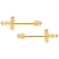 14G 9/16 Clear CZ Gem Gold Tone Scrolling Cross Nipple Ring Set