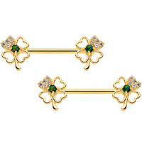 14G 9/16 Green Synthetic Opal Gold Tone Shamrock Nipple Ring Set